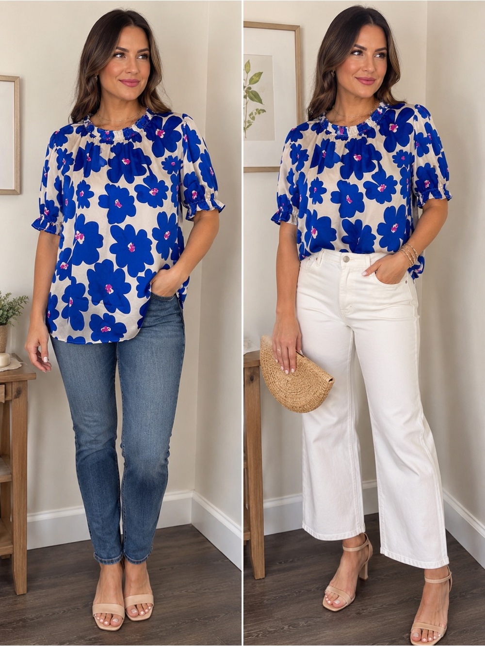 entro Blue and White Floral Short Sleeve Blouse
